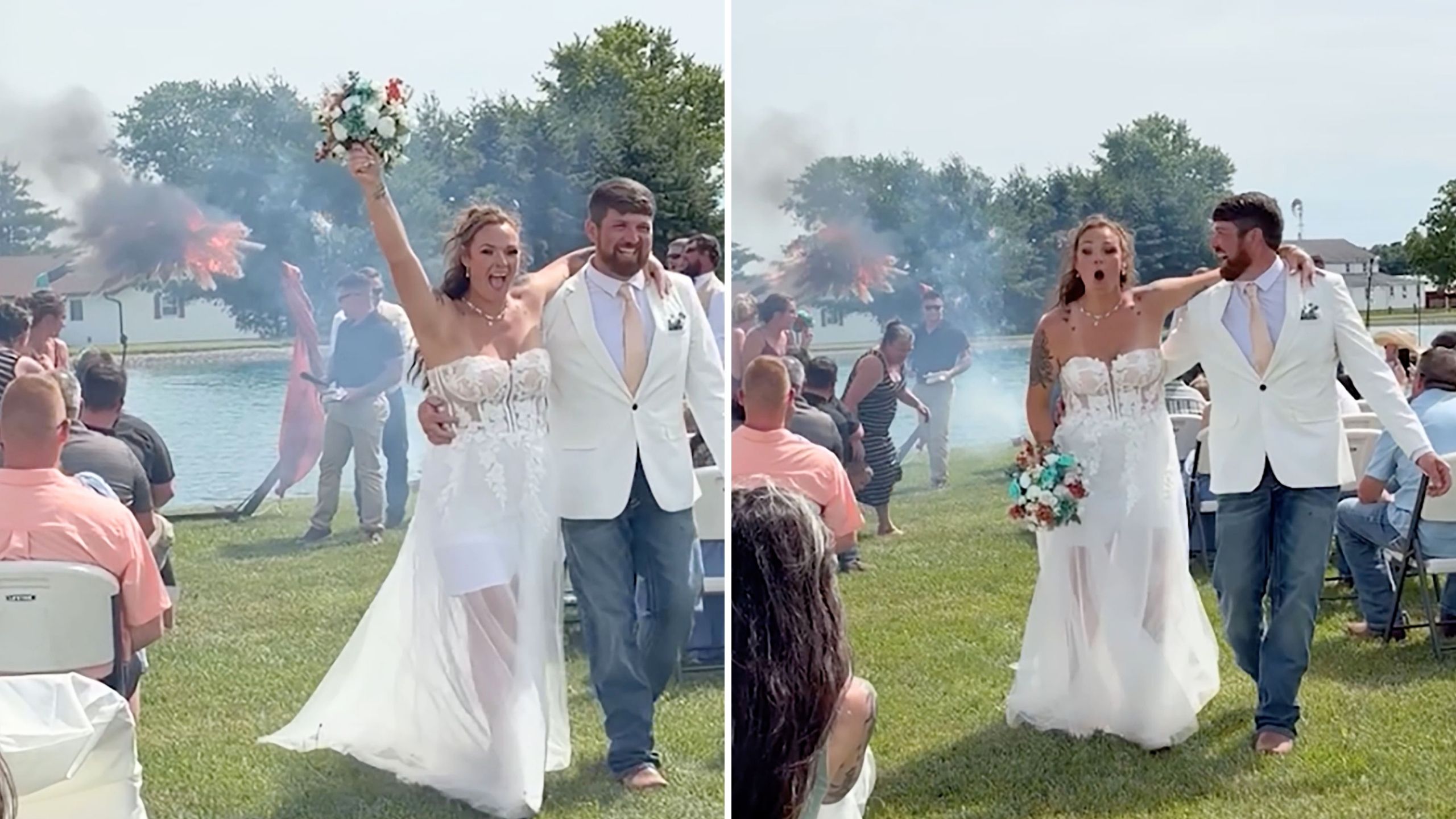 Video thumbnail for Bride And Groom See Funny Side When Wedding Arch Catches Fire