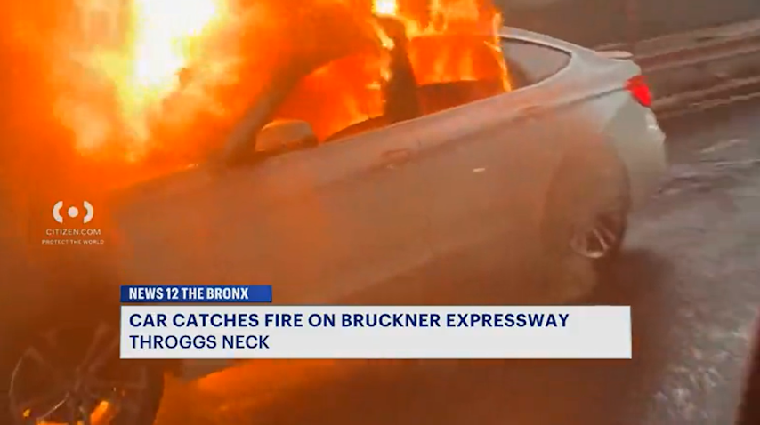 Video thumbnail for Car bursts into flames on Bruckner Expressway in Throggs Neck