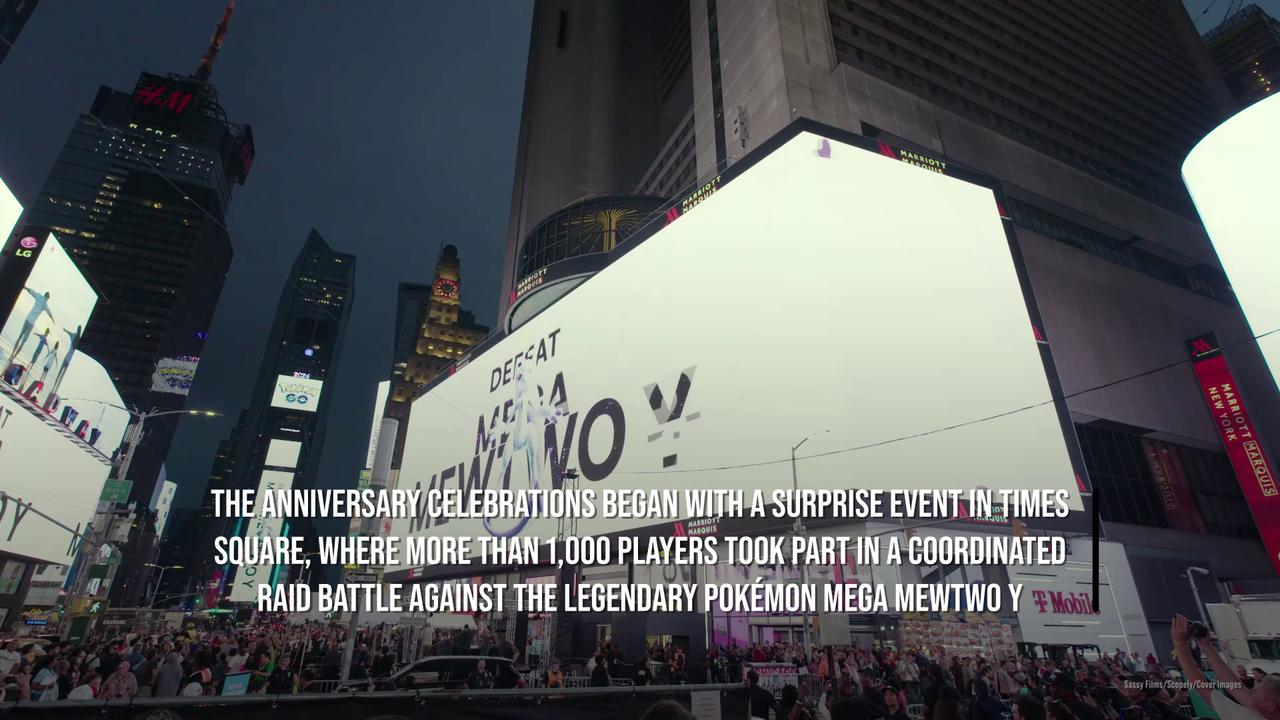 Video thumbnail for Pokémon GO fans take over Times Square to celebrate revolutionary game's 10th anniversary.