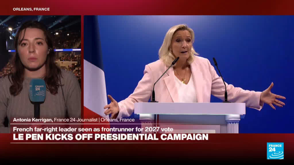 Video thumbnail for French far-right leader Le Pen kicks off presidential campaign