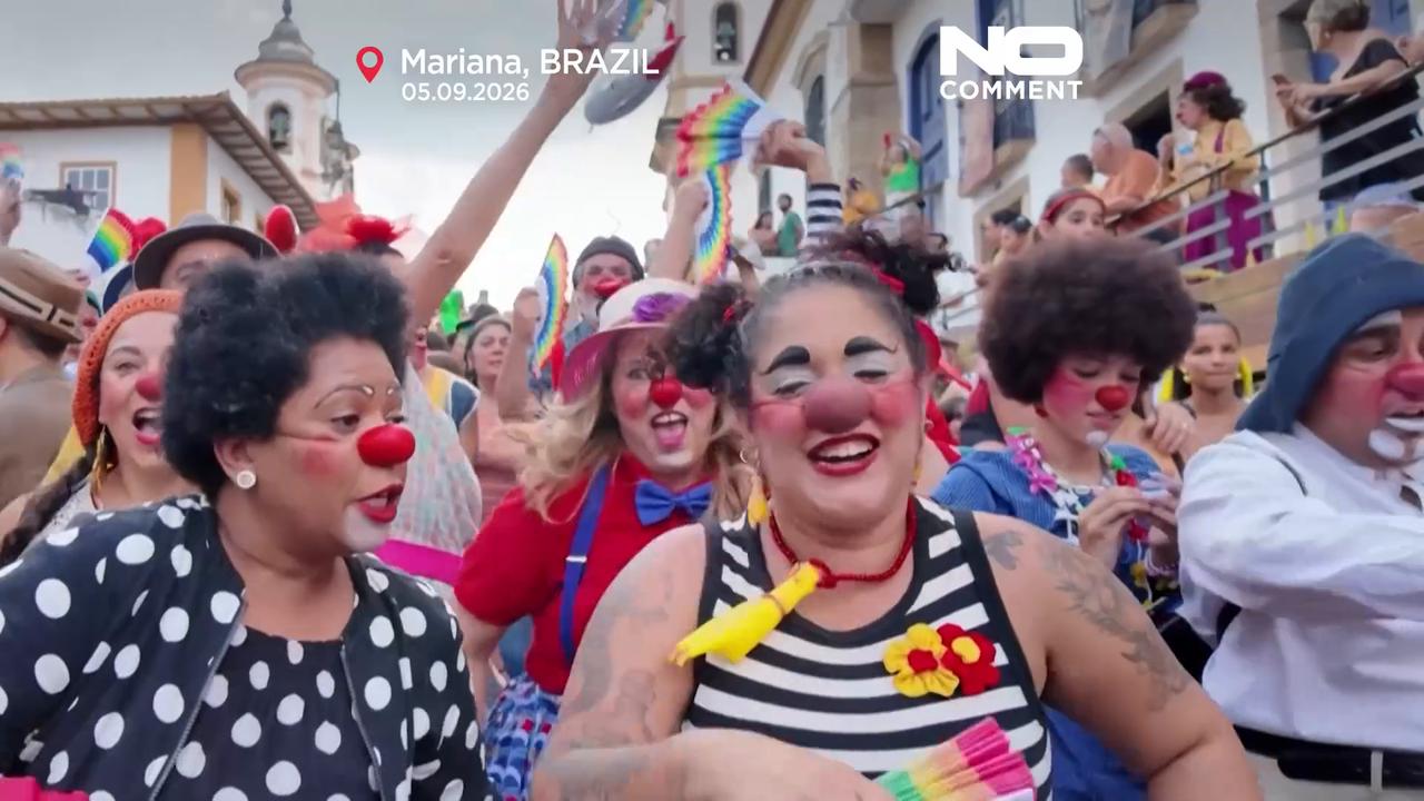 Video thumbnail for Clowns take over the streets of Brazil’s historic Mariana