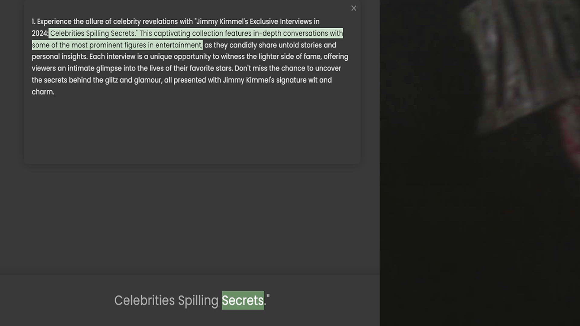 Video thumbnail for 1. Experience the allure of celebrity revelations with Jimmy Kimmel's Exclusive Interviews in 2024 Celebrities Spilling Secrets. This captivating collection features in-depth conversations with some of the most prominent figures in entert