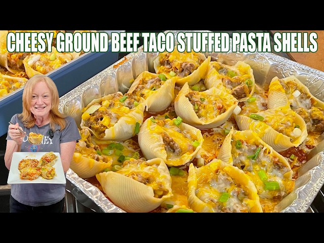 Video thumbnail for CHEESY GROUND BEEF TACO STUFFED PASTA SHELLS