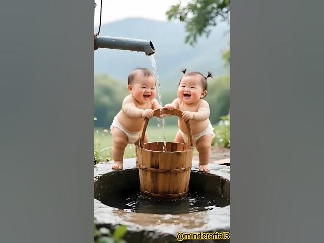 Video thumbnail for Cute Toddlers Filling Water from well and Enjoying the Moment | Funny Ai Animations #cutebaby #cute