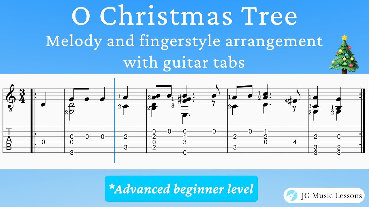 'Video thumbnail for O Christmas Tree - Melody and finger style arrangement with guitar tabs 🎸🎄'