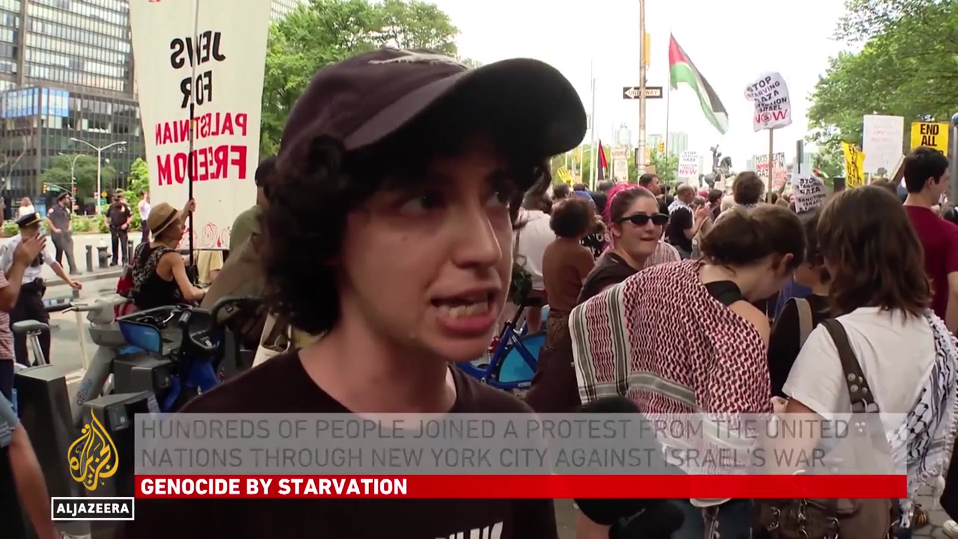 'Video thumbnail for Anger over Israel’s man-made starvation: Protesters march from un through New York city'