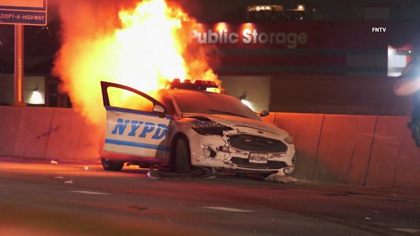 Video thumbnail for Teen charged in fiery rollover NYPD car crash that wounded 2 officers