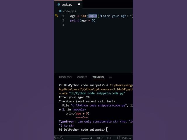 Video thumbnail for Forgetting to convert input()#InputConversion #PythonErrors #BeginnerMistakes