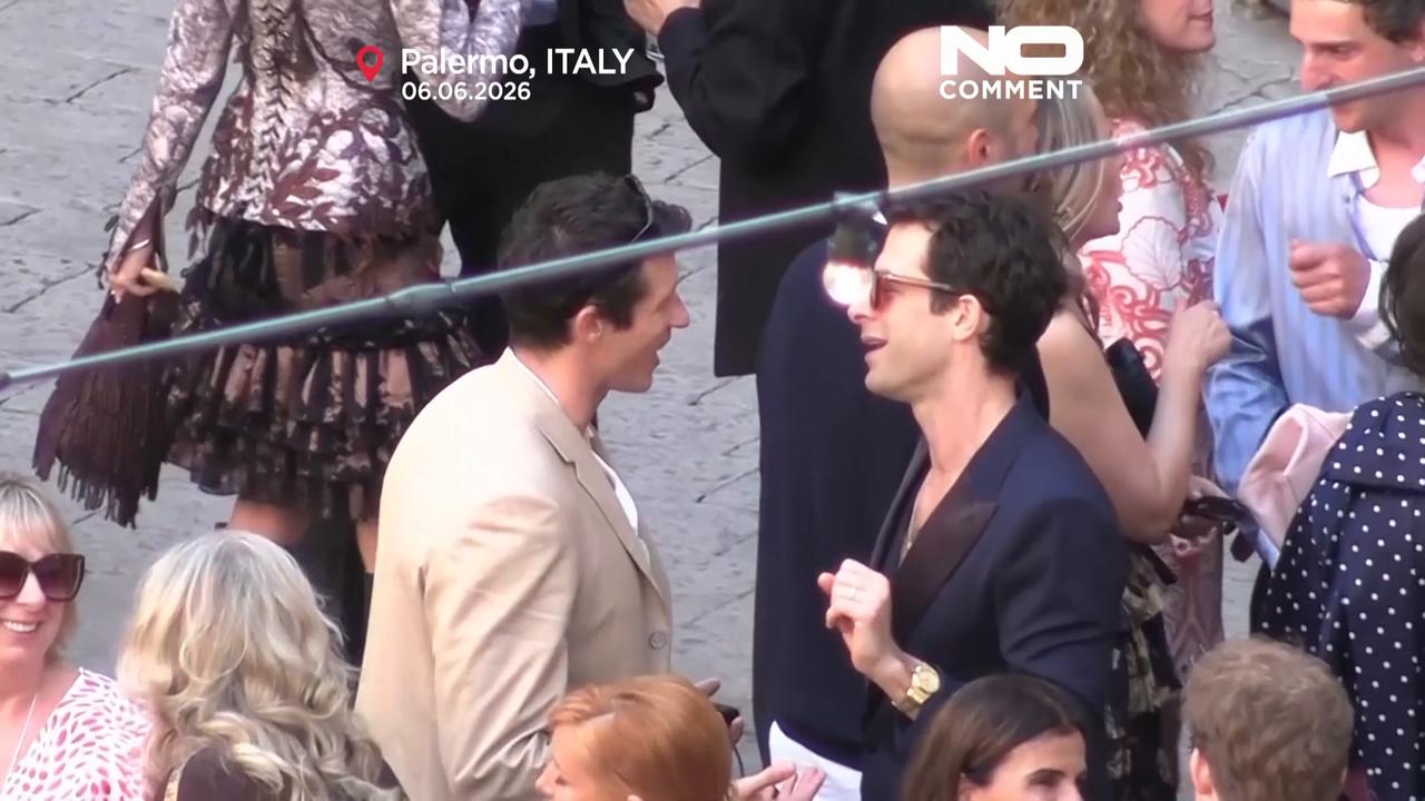 Video thumbnail for Dua Lipa and Callum Turner celebrate with guests at Sicily wedding party