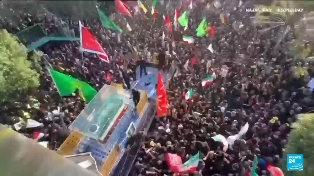 Video thumbnail for Thousands of mourners march as Khamenei's funeral procession crosses into Iraq