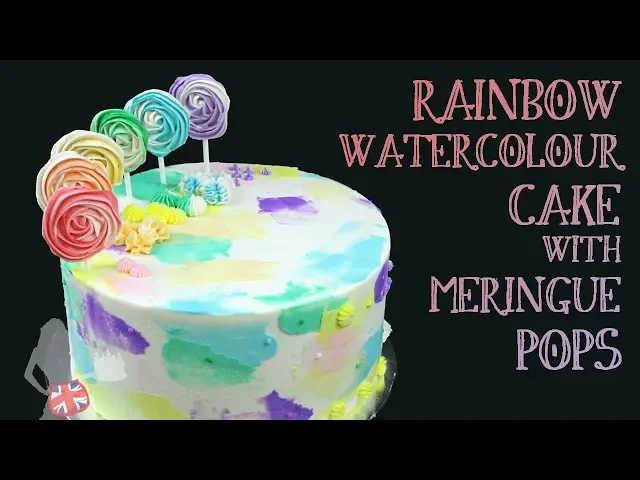 Video thumbnail for Rainbow Watercolour Cake with Rainbow Meringue Pops