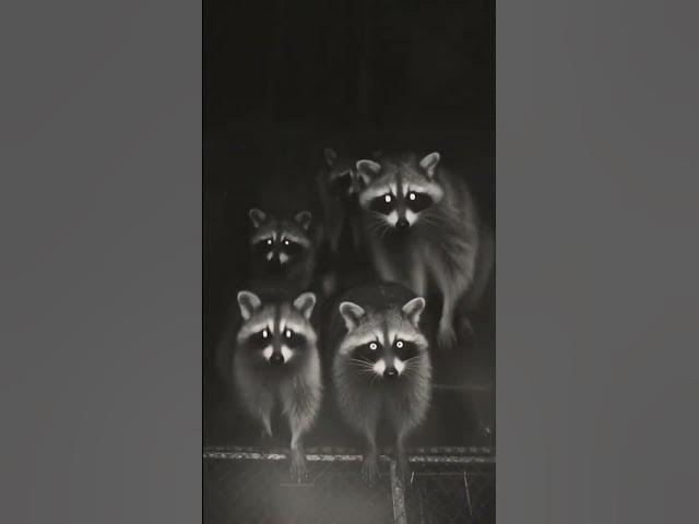 Video thumbnail for caught on cctv cabin : a funny racoon family playing on trampling at midnight in the woods