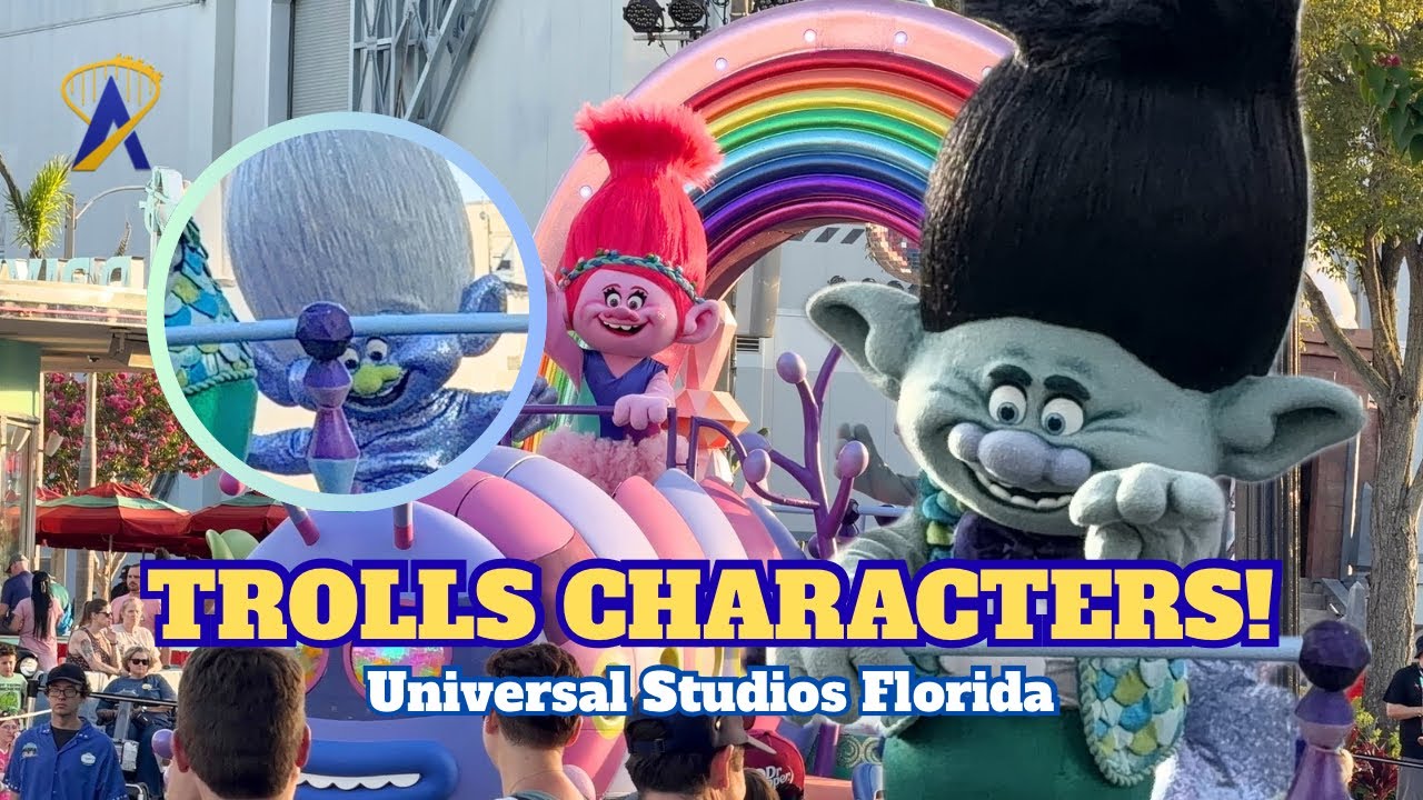 Video thumbnail for Poppy, Branch and Guy Diamond from Trolls in Universal's Mega Movie Parade