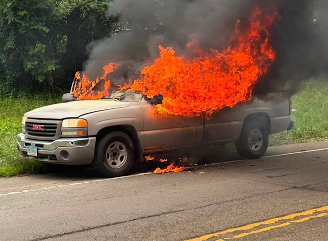 Video thumbnail for Pickup truck bursts into flames near Shelton supermarket