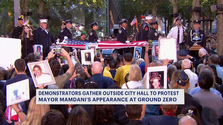 Video thumbnail for Protesters rally outside City Hall over Mayor Mamdani's attendance at 9/11 Memorial