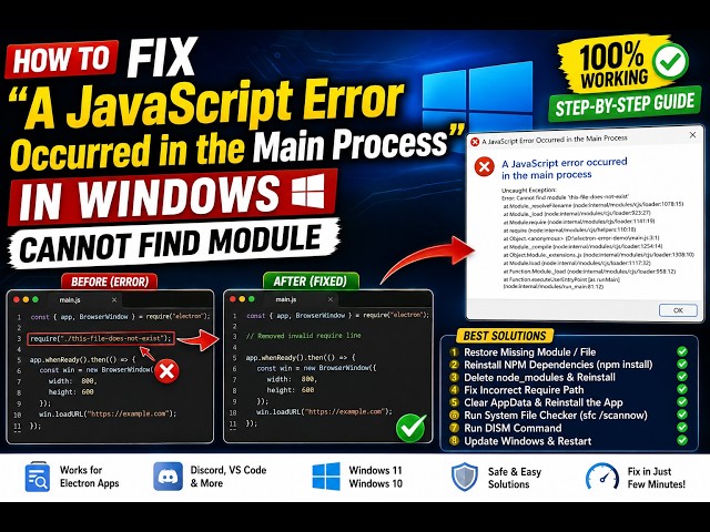 Video thumbnail for How to Fix “A JavaScript Error Occurred in the Main Process” in Windows – Cannot Find Module
