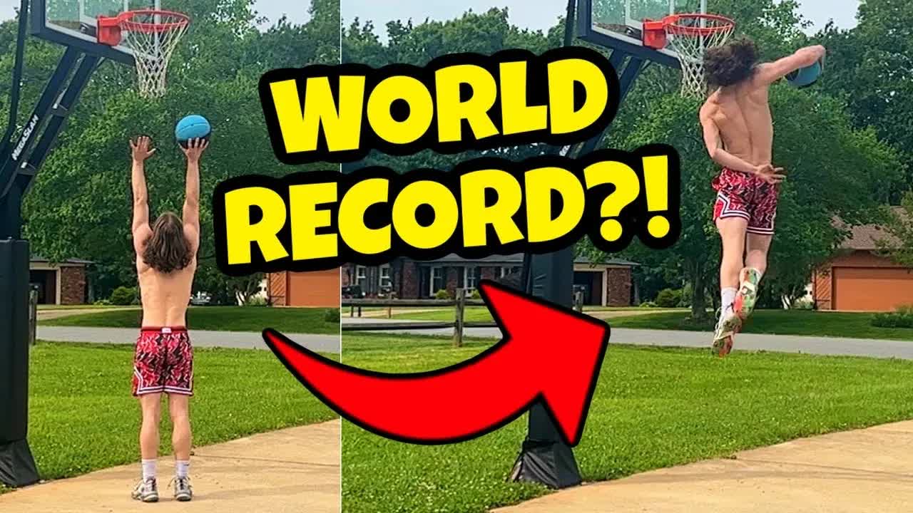 'Video thumbnail for travis reynolds: world record highest behind the back dunk attempt!'