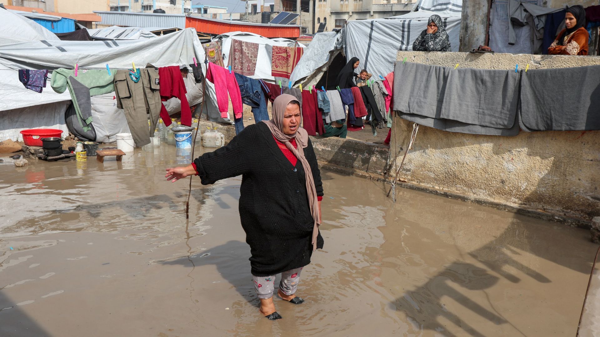Video thumbnail for Gaza winter storm floods tents as displaced Palestinians endure cold nights in Ramadan
