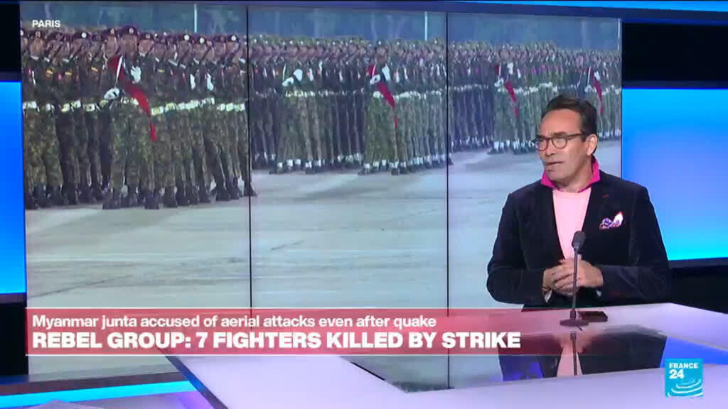 Video thumbnail for Myanmar junta accused of aerial attacks even after quake as 7 fighters were killed by strike
