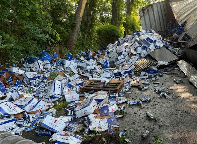 Video thumbnail for Beer spill snarls traffic after tractor-trailer overturns on Route 44 in Salisbury