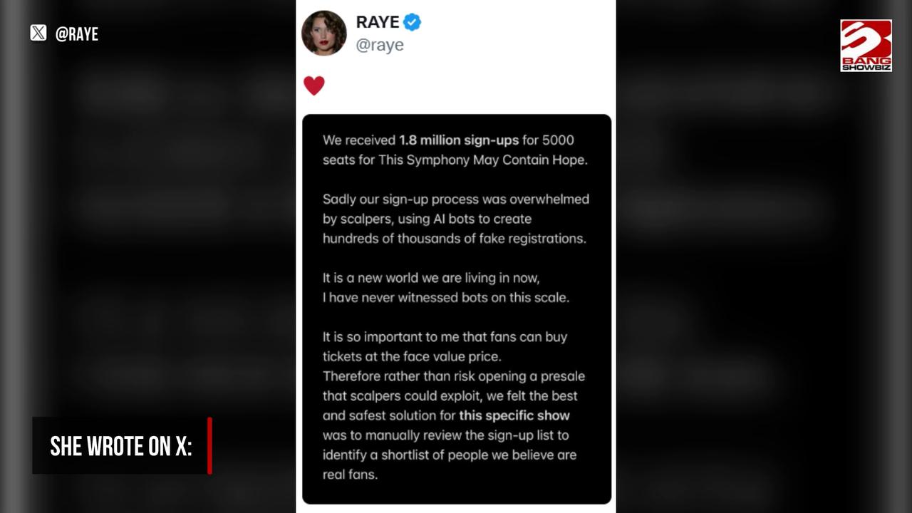 Video thumbnail for RAYE has taken aim at AI bots after receiving 1.8 million sign-ups for her Royal Albert Hall show.
