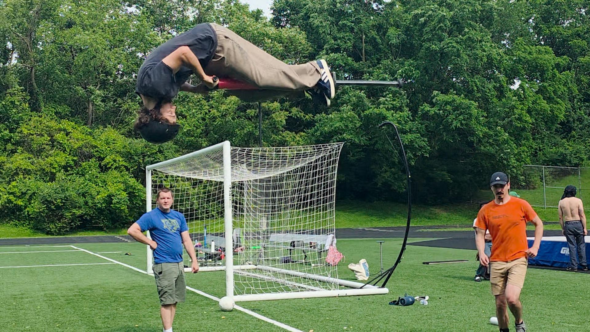 Video thumbnail for Farthest forward flip pogo stick jump - 6.75 metres by Henry Cabelus