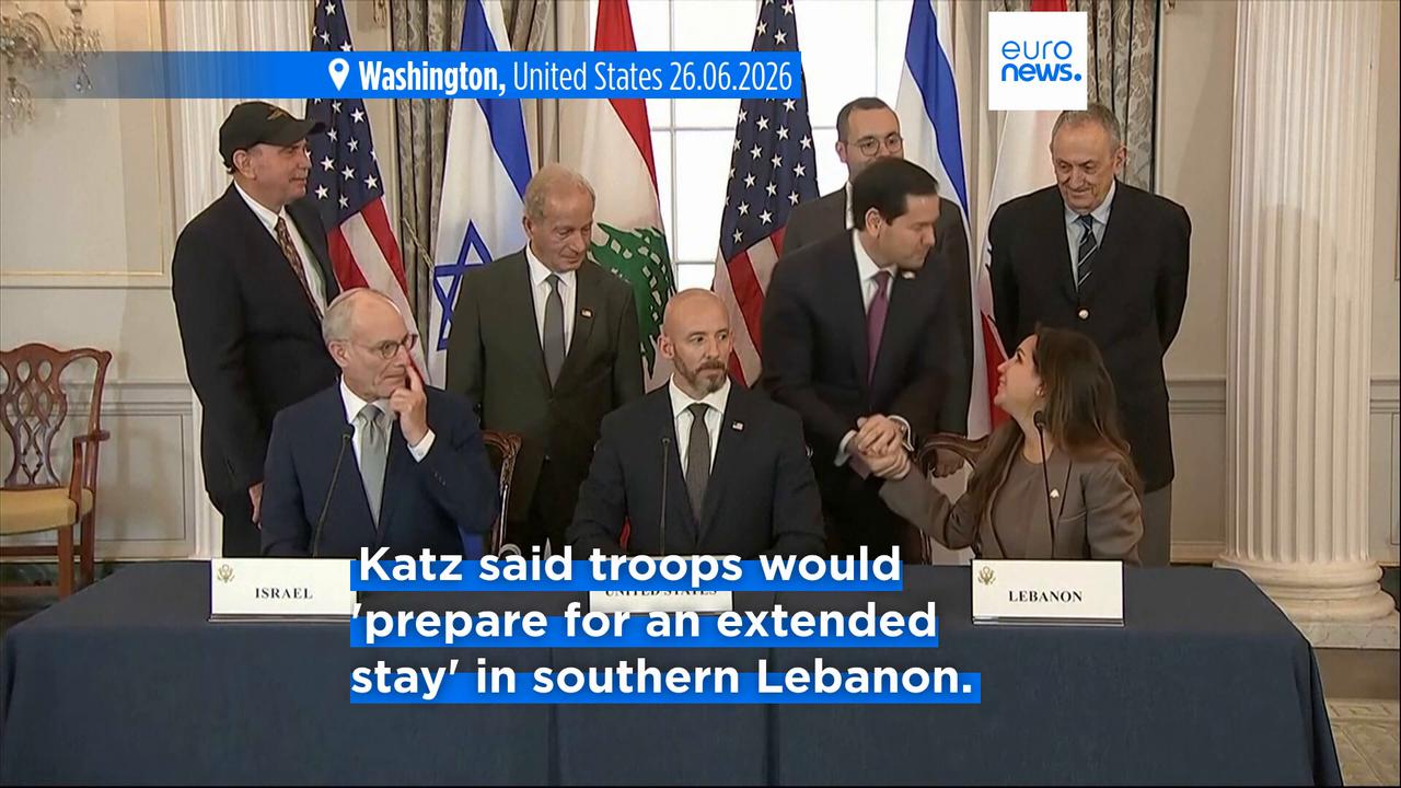 Video thumbnail for Israel's Netanyahu welcomes 'historic' Lebanon agreement as Hezbollah rejects it