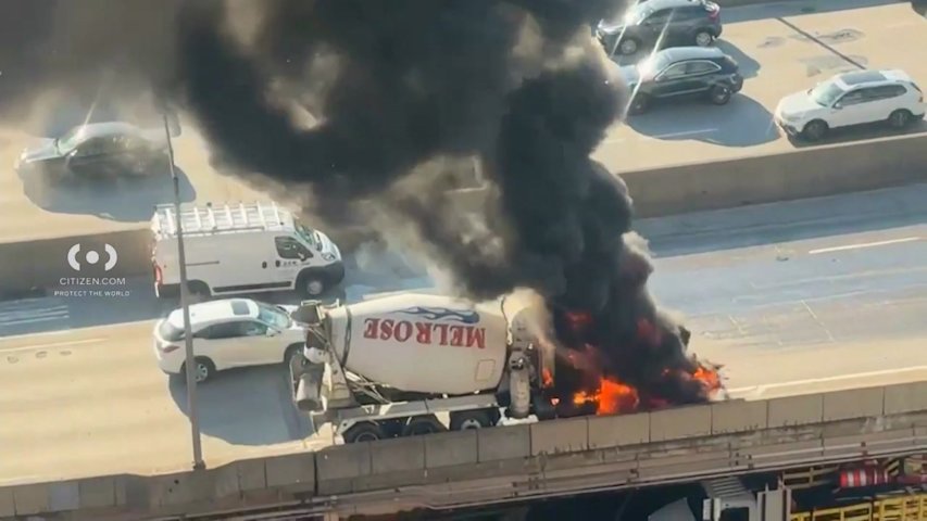 Video thumbnail for Cement truck catches fire on BQE West