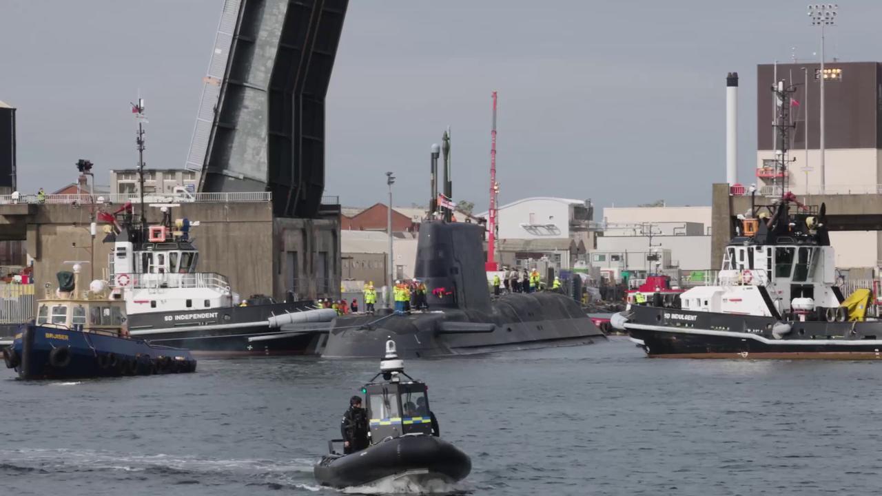 Video thumbnail for UK: Britain’s New Nuclear Submarine Sails For Sea Trials.