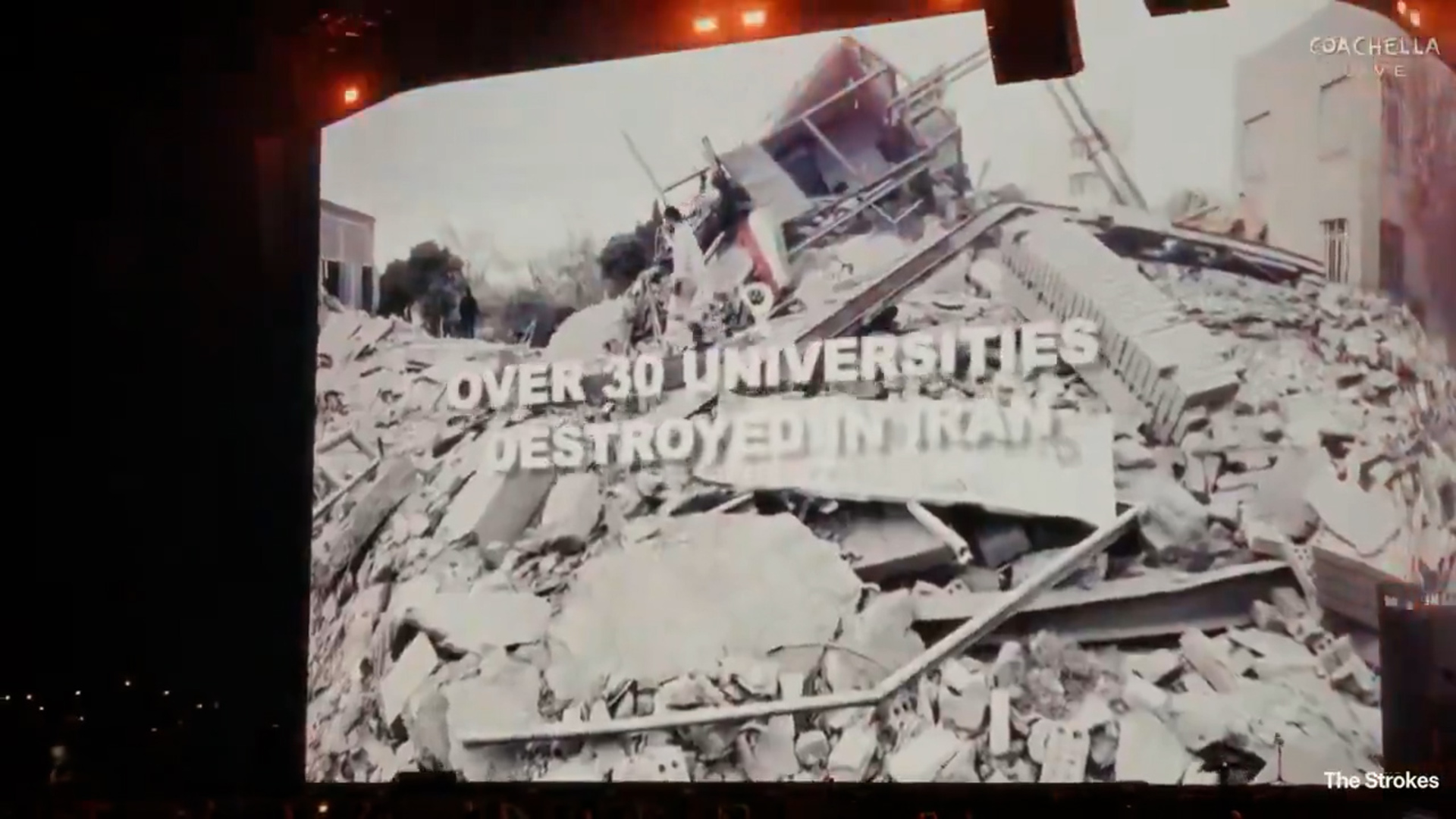 Video thumbnail for The Strokes highlight destroyed Gaza and Iran universities at Coachella