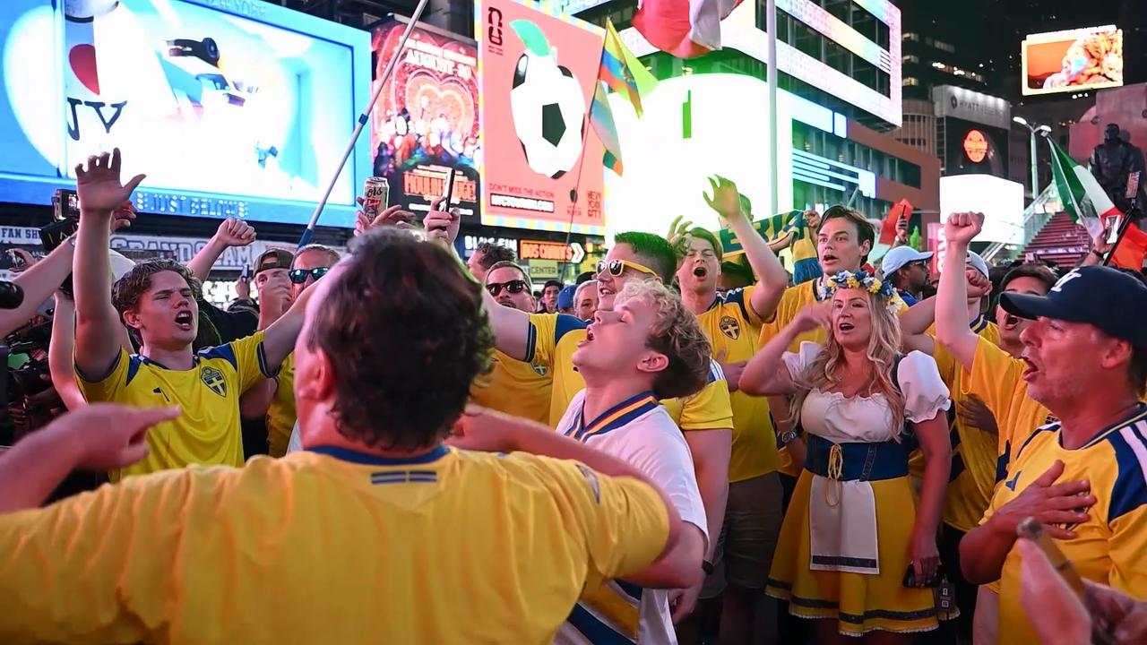 Video thumbnail for US: Swedish fans gather in New York's Times Square ahead of World Cup match against France.
