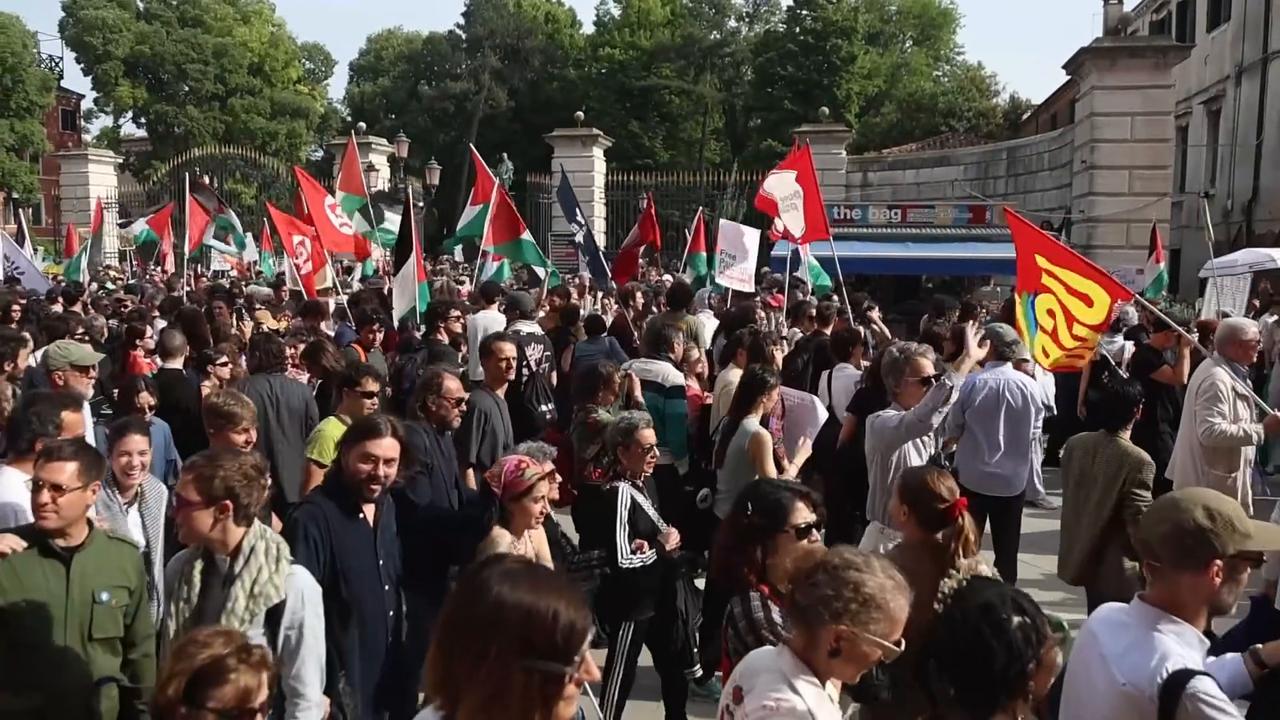 Video thumbnail for Italy: Venice Biennale sees protests over Israel’s participation, with multiple pavilions closed.