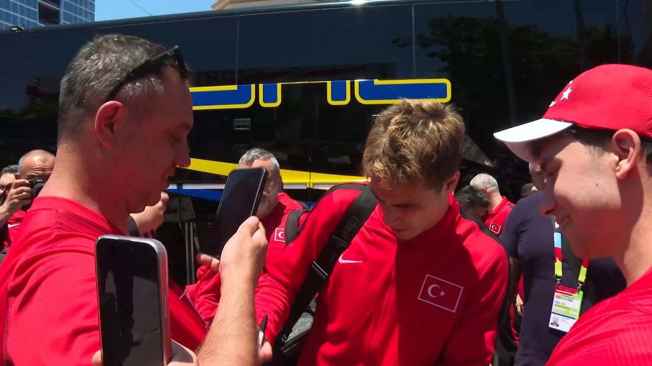 Video thumbnail for US: Turkish national football team arrives in San Jose ahead of Paraguay World Cup match.