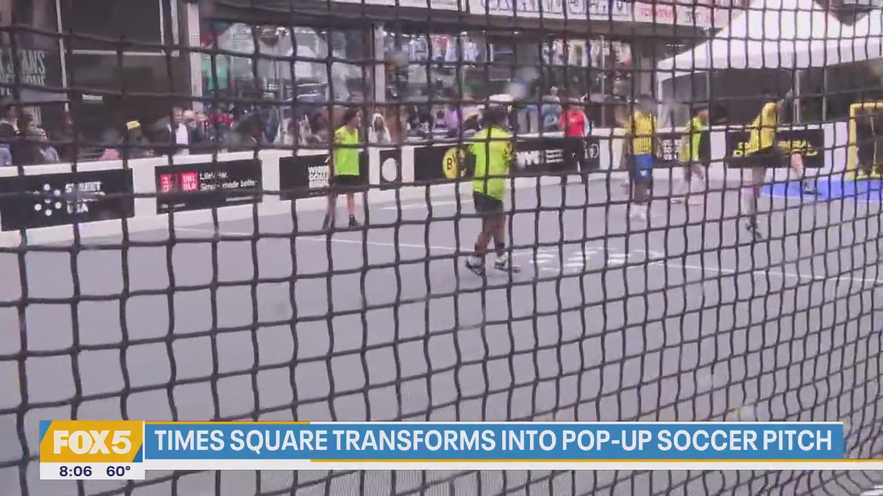 Video thumbnail for Times Square transforms into a pop-up soccer pitch in New York City