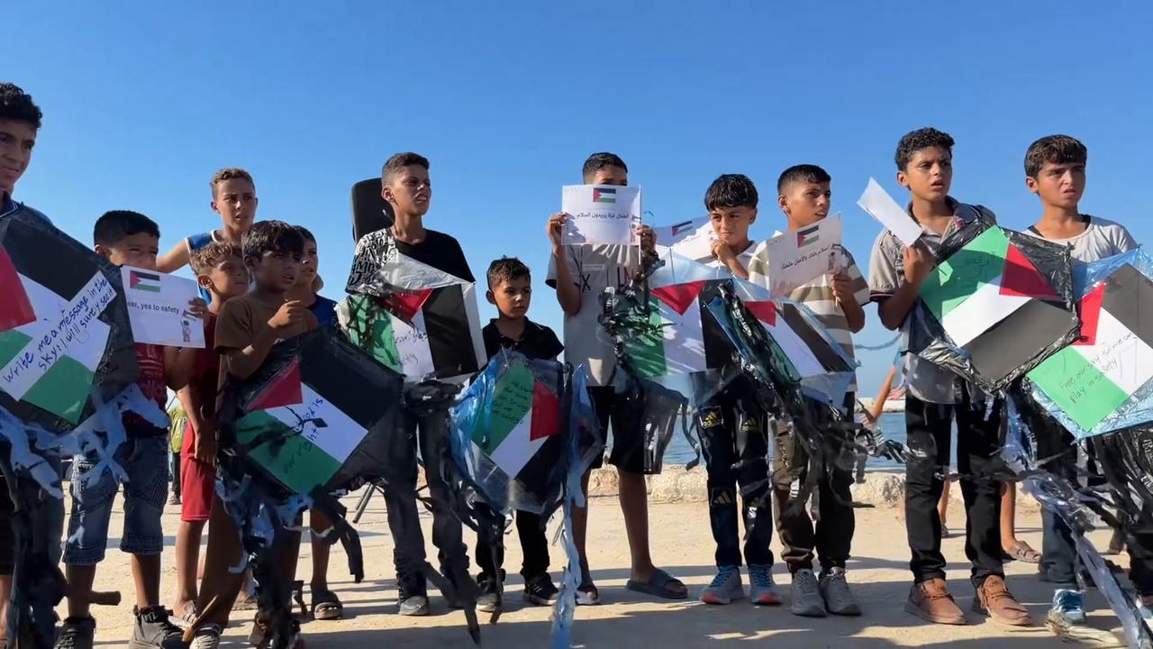 Video thumbnail for Gaza children demand free play atmosphere after Israel's recent kite threats.