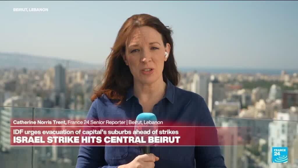 Video thumbnail for Israel strikes central Beirut, as number of displaced goes over 700,000