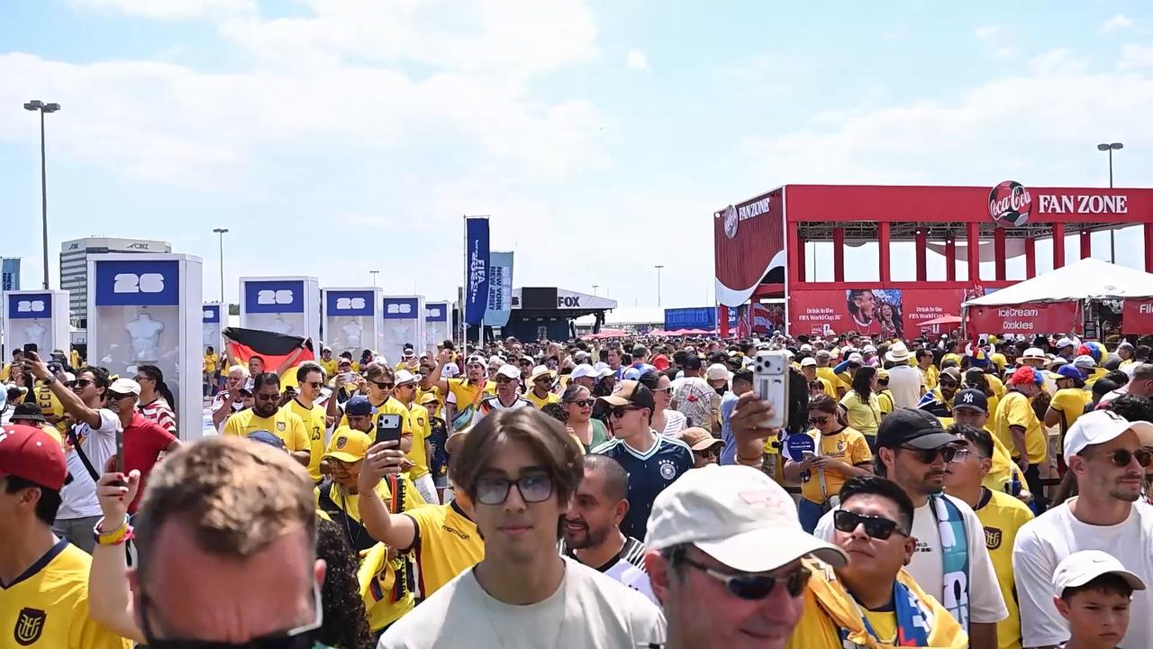 Video thumbnail for US: Fans flock to New York New Jersey Stadium for Germany-Ecuador World Cup match.