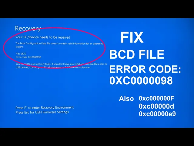 Video thumbnail for Your PC/Device Needs To Be Repaired - Error Code: 0xc0000098 [Solved] | Fix BSOD Errors