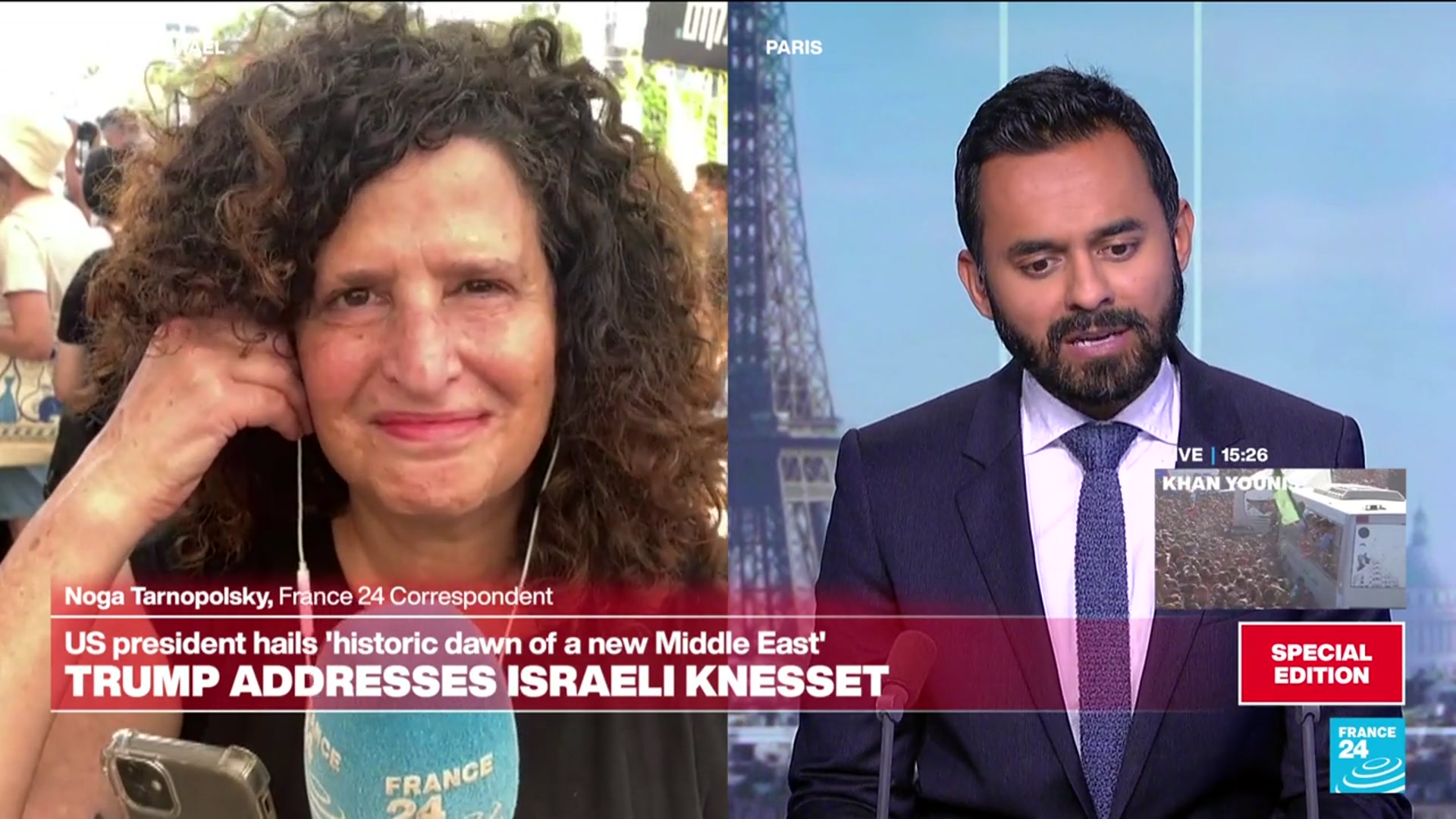 'Video thumbnail for Mixed reactions to Trump’s Knesset address in Tel Aviv’s Hostages Square'