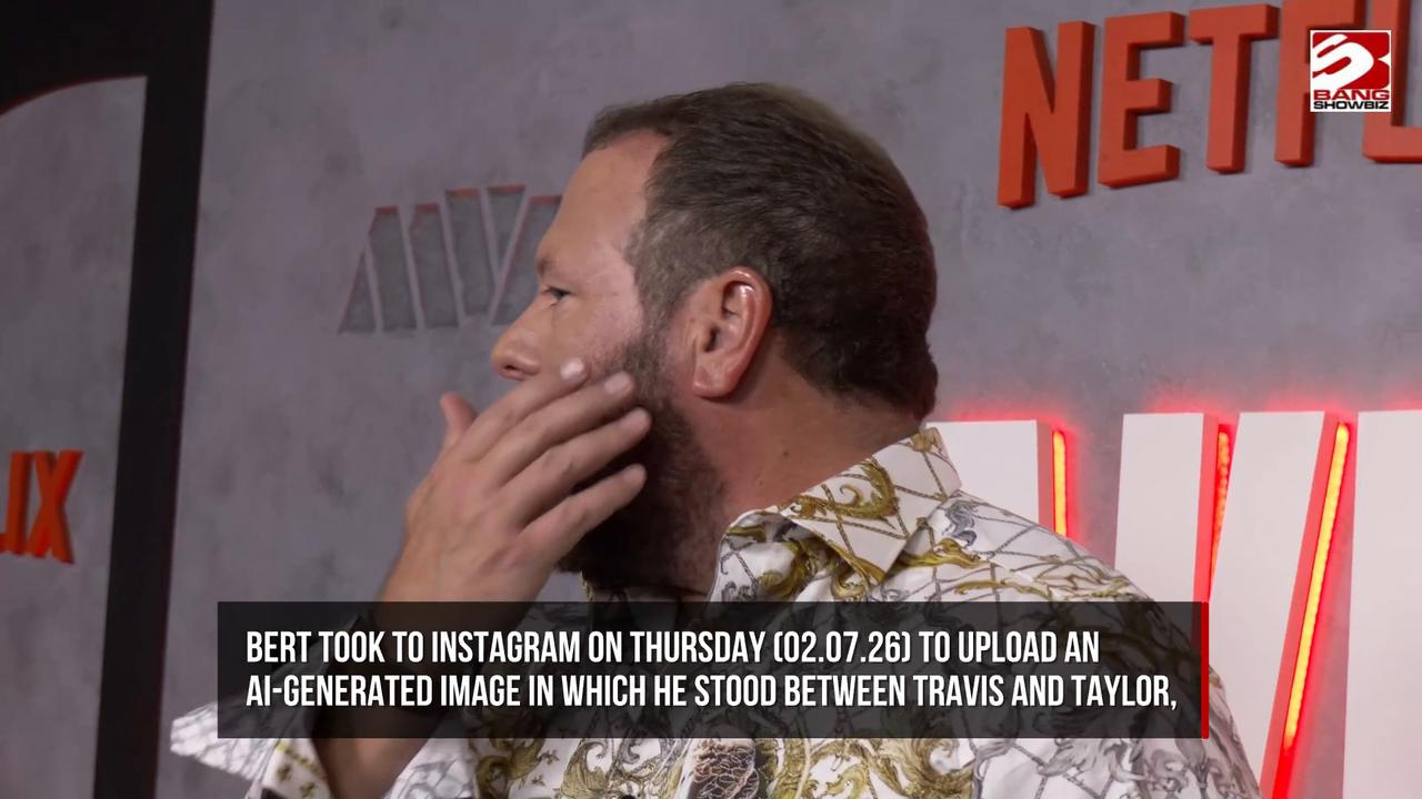 Video thumbnail for Travis Kelce reacts to an AI wedding photo posted by comedian Bert Kreischer