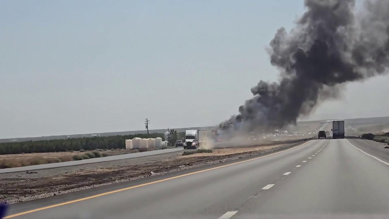 Video thumbnail for US: Amazon Truck Catches Fire on Interstate 5 Near Firebaugh, California.