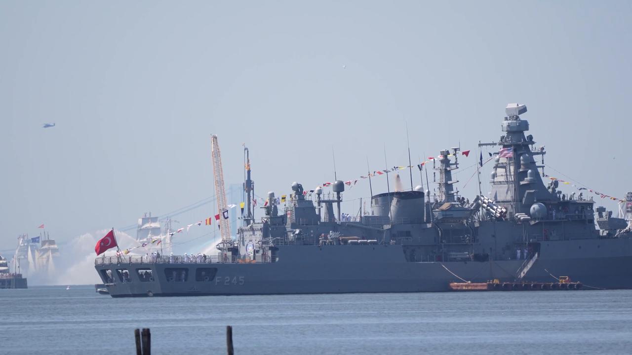 Video thumbnail for US: Military aircraft fly over New York Harbor for US 250th Independence Day celebration.