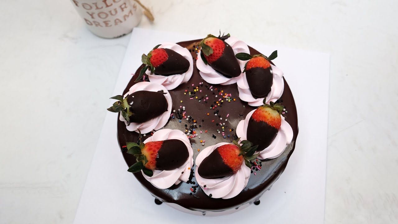 'Video thumbnail for Chocolate drip cake recipe decoration with strawberry on flower for birthday'