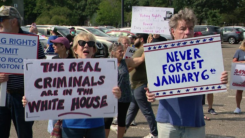 Video thumbnail for Protesters rally against President Trump's visit to Nassau County