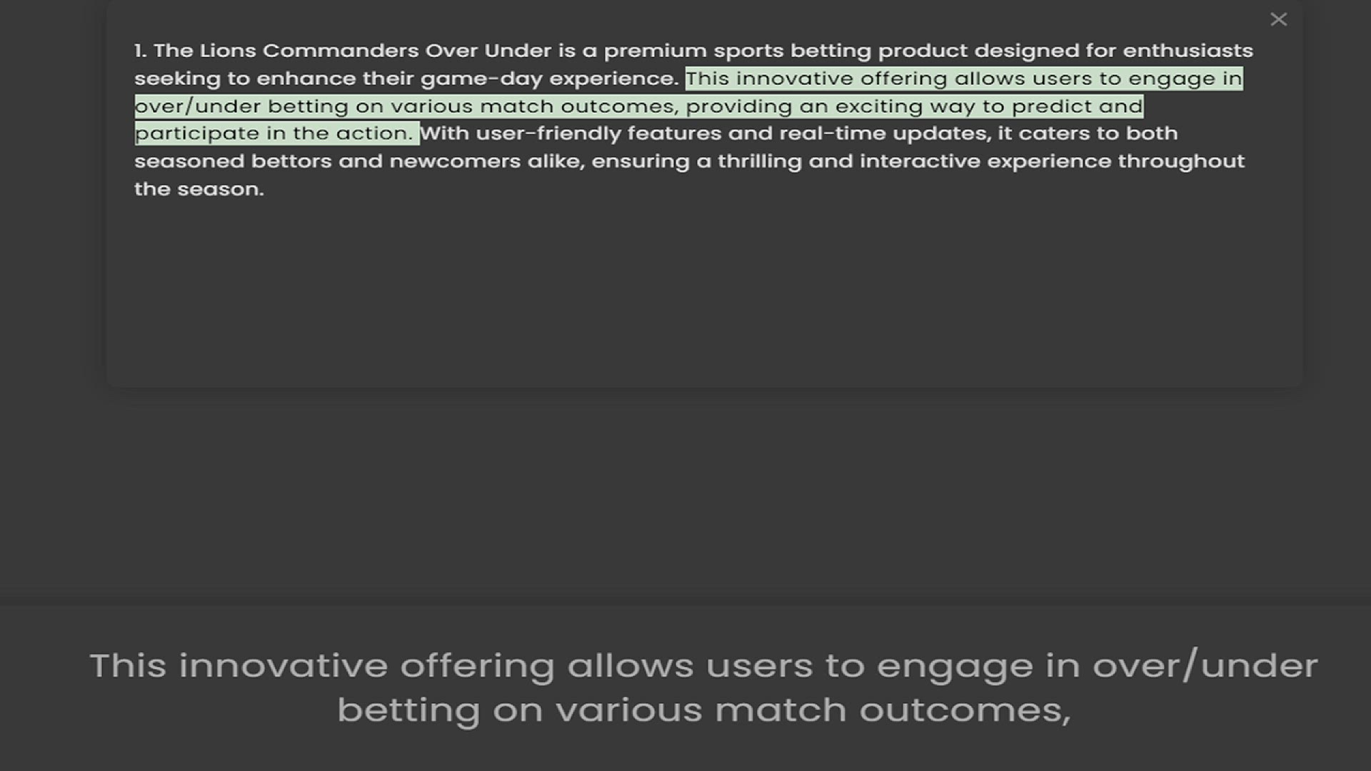 Video thumbnail for 1. The Lions Commanders Over Under is a premium sports betting product designed for enthusiasts seeking to enhance their game-day experience. This innovative offering allows users to engage in overunder betting on various match outcomes,