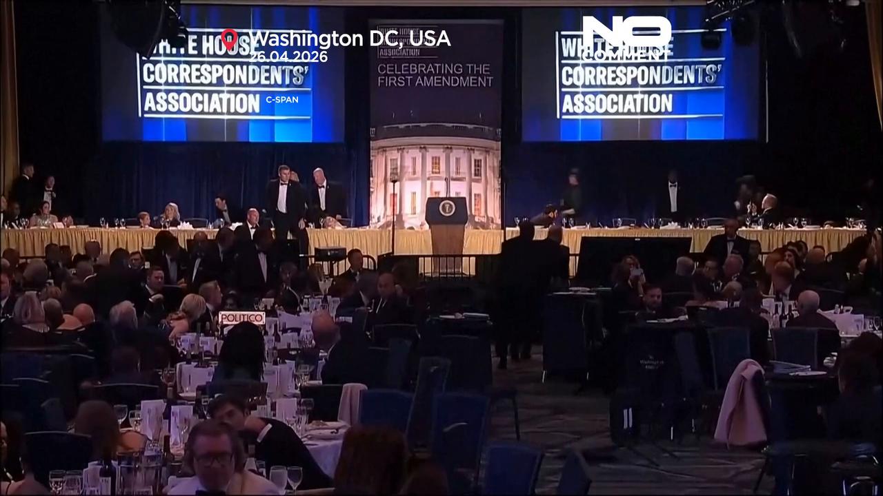 Video thumbnail for Moment Trump rushed to safety as gunshots heard at White House Correspondents' Dinner
