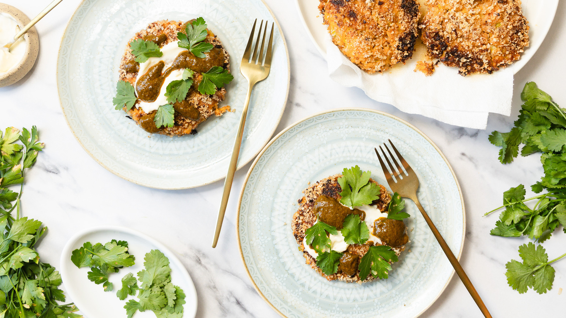 Video thumbnail for Sweet Potato Crab Cakes With Spicy Harissa Chermoula Recipe