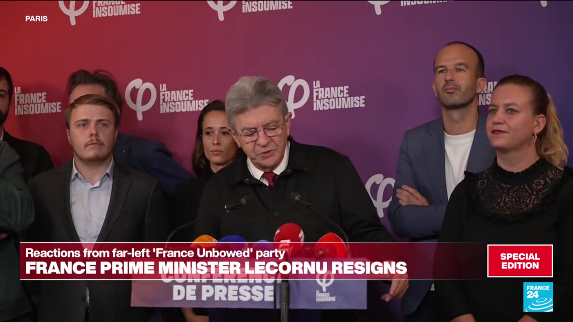 'Video thumbnail for France: Opposition leader Melenchon reacts to PM Lecornu's resignation'
