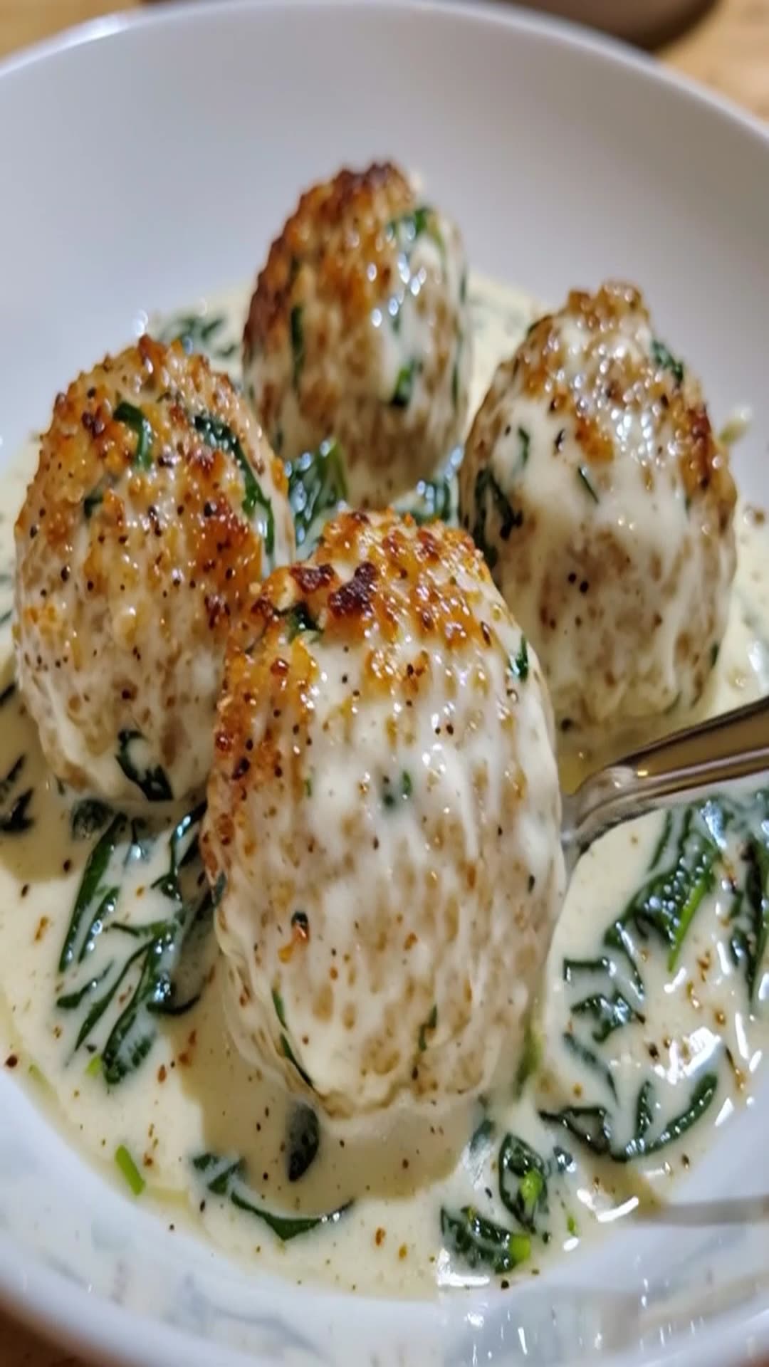 Video thumbnail for Baked Chicken Ricotta Meatballs with Spinach Alfredo Sauce