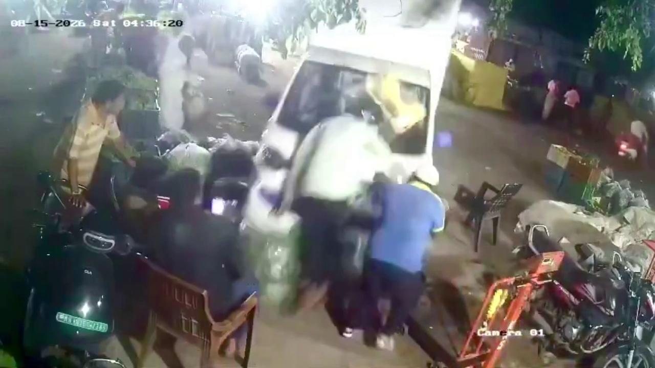 Video thumbnail for India: Out-of-control pickup truck speeds through crowded market as pedestrian gets struck, flung into air.